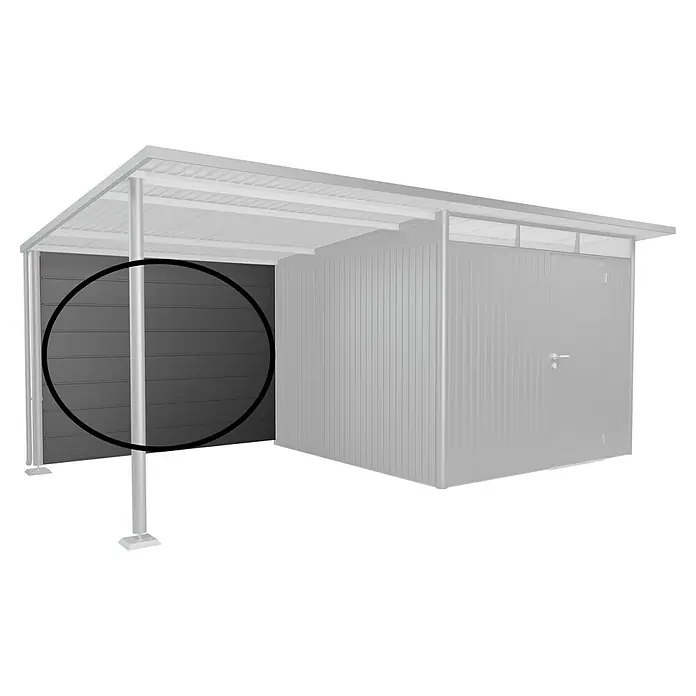 Biohort AvantGarde Rückwand - Passend für: Biohort AvantGarde Seitendach, Dunkelgrau-Metallic - Ansicht eines Gerätehauses mit seitlicher Verkleidung aus robustem, grauem Metall. Ideal für die Gartenaufbewahrung mit langlebigem Design.
