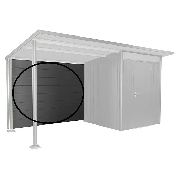 Biohort AvantGarde Rückwand - Passend für: Biohort AvantGarde Seitendach, Dunkelgrau-Metallic - Detailansicht eines modernen Gerätehauses mit grauen Wandpaneelen und einem stabilen, weißen Dach. Das Design ist schlicht und funktional.