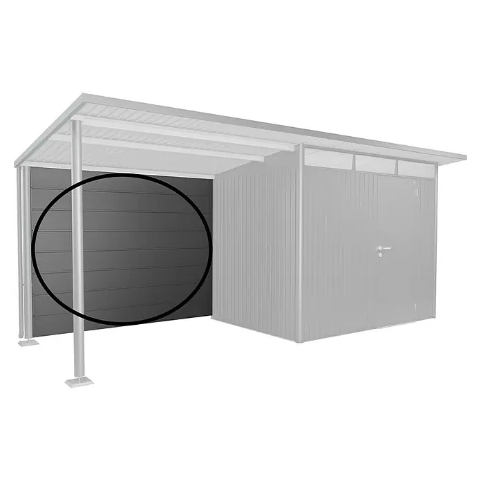 Biohort AvantGarde Rückwand - Passend für: Biohort AvantGarde Seitendach, Dunkelgrau-Metallic - Abbildung eines Gartenhauses mit seitlicher Wand. Das Gerätehaus bietet zusätzlichen Stauraum im Freien.