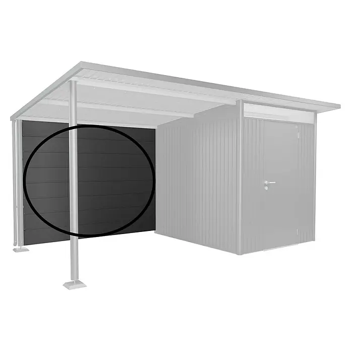 Biohort AvantGarde Rückwand - Passend für: Biohort AvantGarde Seitendach, Dunkelgrau-Metallic - Nahaufnahme einer dunklen, horizontal verkleideten Gartenhauswand unter einem hellen Dach. Ideal für die Gartengestaltung und Aufbewahrung.