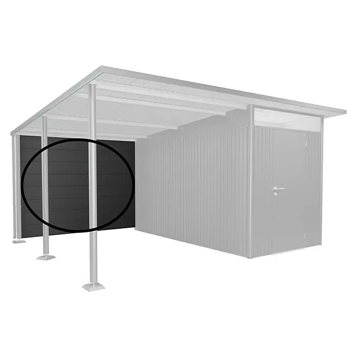 Biohort AvantGarde Rückwand - Passend für: Biohort AvantGarde Seitendach, Dunkelgrau-Metallic - Detailansicht eines modernen Gerätehauses mit horizontaler Verkleidung und stabilen Stützpfeilern.