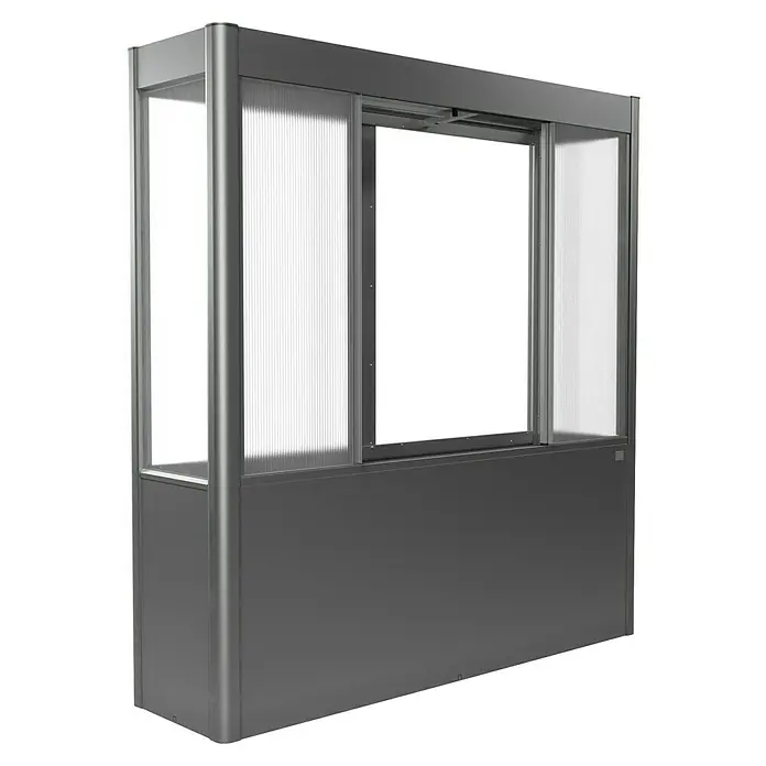 Biohort Florentina Hochbeet-Abdeckung Florentina - L x B x H: 54,8 x 201,6 x 136,4 mm, Dunkelgrau Metallic - Abbildung einer modernen, grauen Gartenüberdachung mit transparenten Paneelen. Diese Konstruktion bietet Schutz und Privatsphäre im Außenbereich.