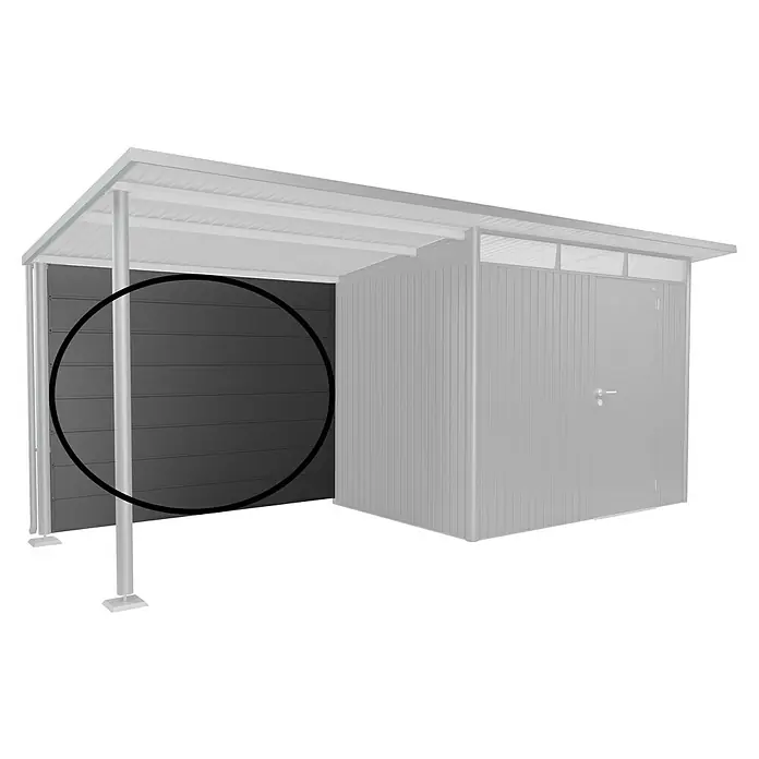 Biohort AvantGarde Rückwand - Passend für: Biohort AvantGarde Seitendach, Dunkelgrau-Metallic - Detailansicht eines modernen Gerätehauses mit horizontaler Wandverkleidung und stabilem Rahmen, ideal für die Gartenaufbewahrung.