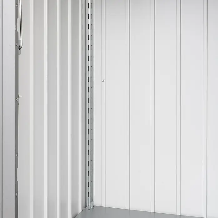 Biohort Regalsteher Alex - Passend für: Biohort Mülltonnenbox Alex Duo - Innenansicht eines Metallschranks mit verstellbaren Regalleisten für flexible Aufbewahrungslösungen. Die Struktur bietet Stabilität und Anpassbarkeit.