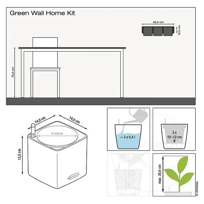 Lechuza Wand-Pflanzkasten Green Wall Color - Außenmaß (L x B x H): 48 x 15 x 14 cm, Kunststoff, Weiß - Eine Illustration des Green Wall Home Kit, mit Maßangaben zu Pflanzgefäßen und Wandinstallation.