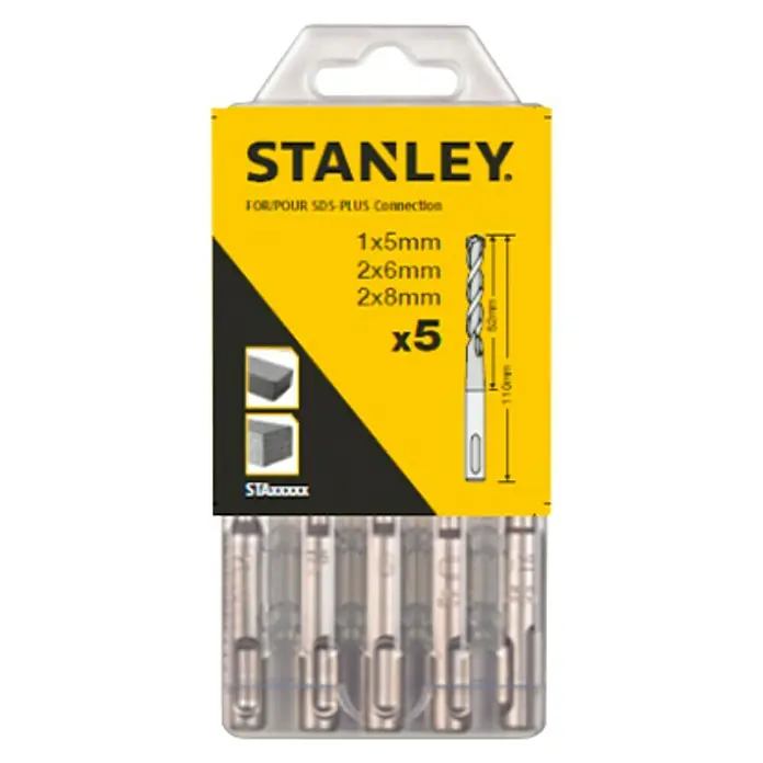 Stanley Broca para hormigón y mampostería STA54372-xJ - 5 pzs., Diámetro de la broca: 8 mm - Un paquete de brocas Stanley SDS-Plus con varios tamaños (1x5mm, 2x6mm, 2x8mm), ideales para hormigón y otras aplicaciones de perforación.