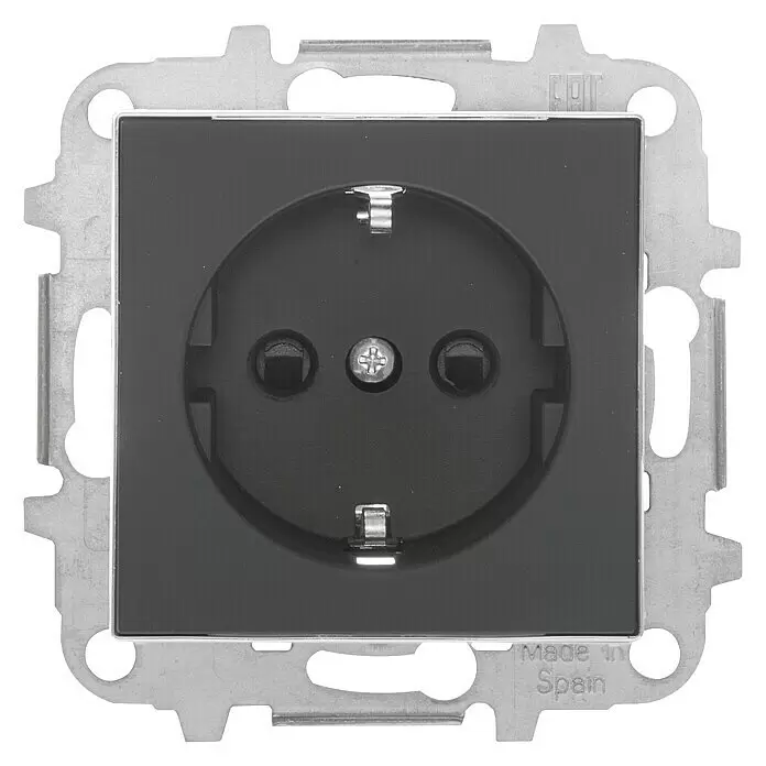 Niessen Sky Enchufe - Negro, Plástico - Enchufe eléctrico negro con marco de montaje metálico y contactos de tierra.