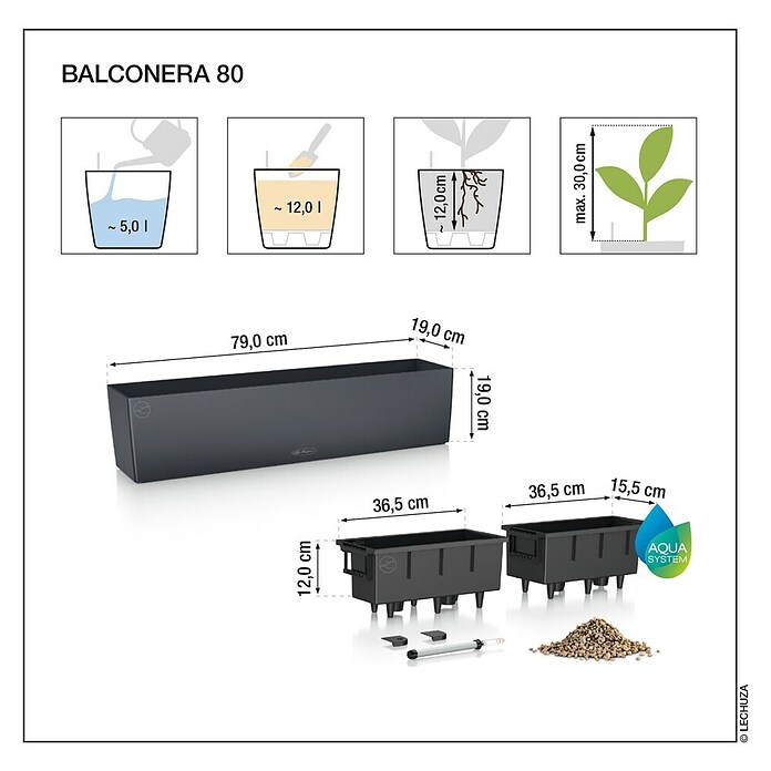 Lechuza Color Balkonkasten Balconera (Max. Außenlänge: 79 cm, Schiefergrau) | BAUHAUS