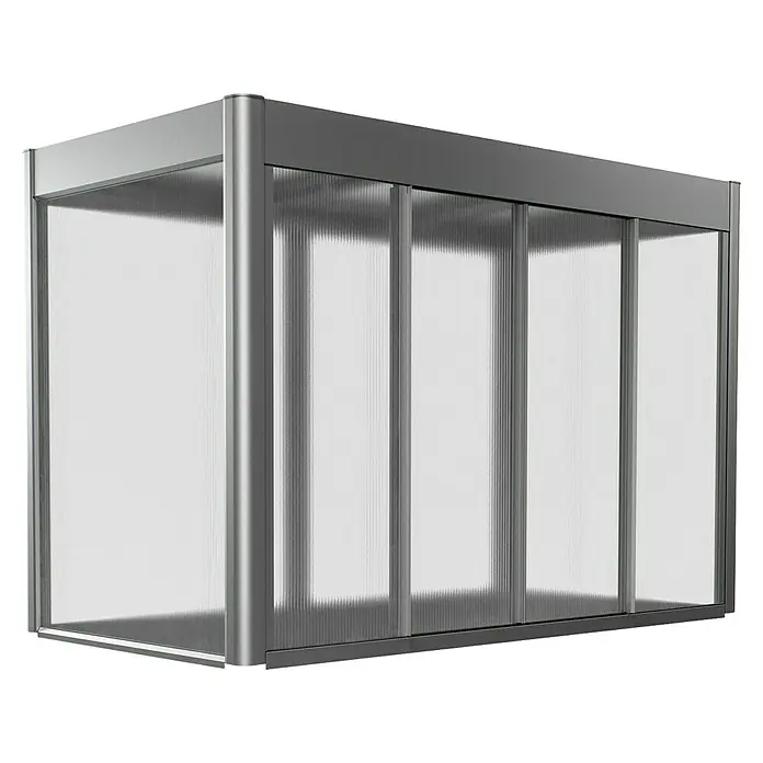 Biohort Florentina Hochbeet-Abdeckung Florentina - L x B x H: 104 x 201,6 x 136,4 mm, Quarzgrau Metallic - Nahaufnahme eines Duschraums mit Schiebetüren und einem schlanken, silbernen Rahmen, der ein modernes Badezimmer-Design betont.