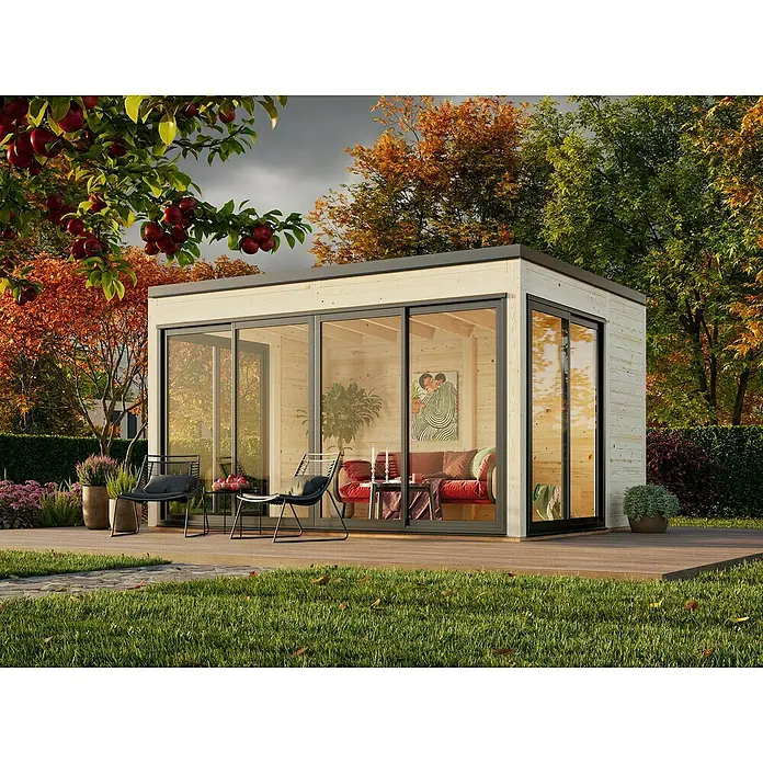 Palmako Caseta de jardín Serena Slide Plus Set 2 - L x An x Al: 320 x 420 x 250 cm, Madera, Natural - Una moderna caseta de jardín con grandes paneles de vidrio y una terraza de madera, rodeada de naturaleza otoñal, ofrece un refugio exterior elegante.