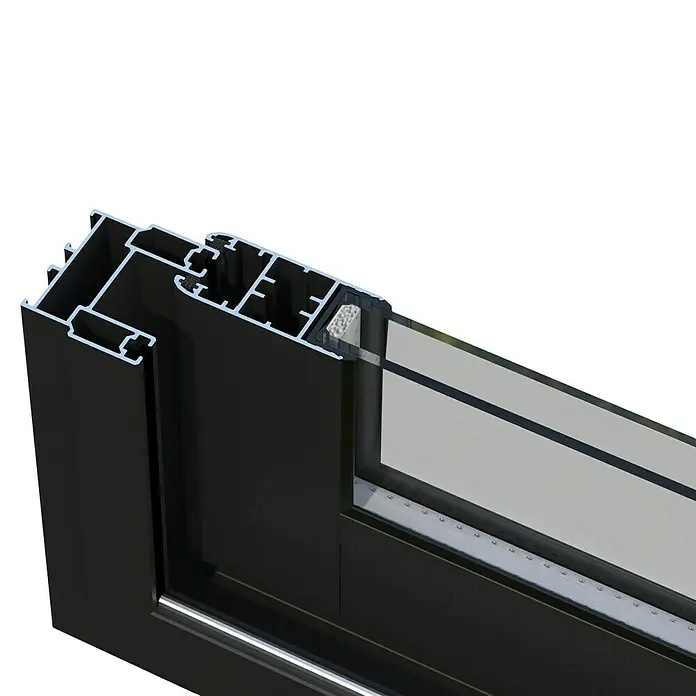 Palmako Pérgola adosada Lumi Slide Plus - L x An: 297 x 420 cm, Natural, Doble acristalamiento de 24 mm, Puerta corredera - Primer plano de un marco de ventana de aluminio negro, destacando su construcción robusta y estética moderna.