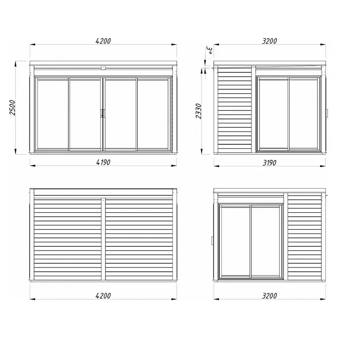 Palmako Caseta de jardín Serena Slide Plus Set 2 - L x An x Al: 320 x 420 x 250 cm, Madera, Natural - Dibujo técnico de un cobertizo de jardín con puertas correderas y dimensiones detalladas.
