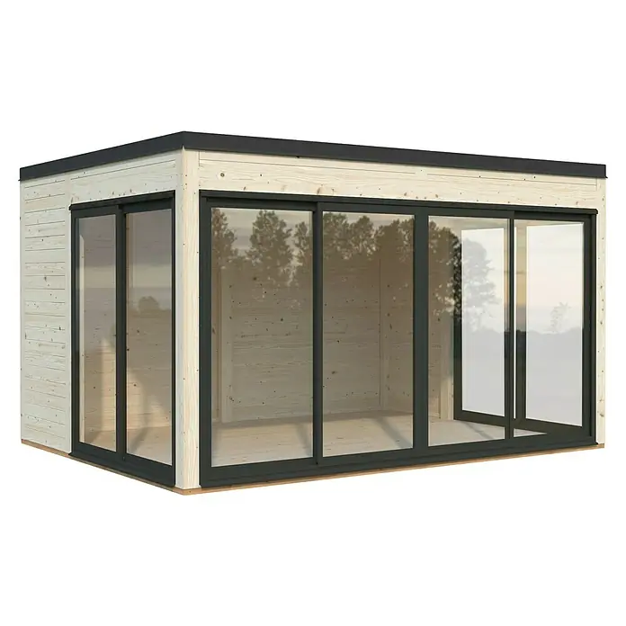 Palmako Caseta de jardín Serena Slide Plus Set 2 - L x An x Al: 320 x 420 x 250 cm, Madera, Natural - Una caseta de jardín moderna con grandes puertas correderas de vidrio, perfecta para un espacio exterior luminoso y abierto. Diseño simple y elegante.