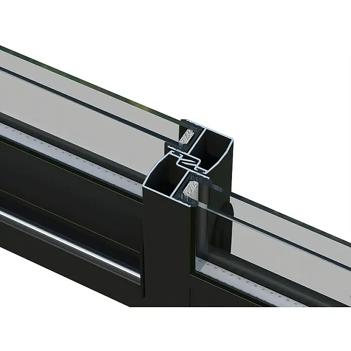 Palmako Pérgola adosada Lumi Slide Plus - L x An: 297 x 420 cm, Natural, Doble acristalamiento de 24 mm, Puerta corredera - Sección transversal de un marco de ventana con doble acristalamiento y perfiles de aluminio. Vista detallada de la construcción para aislamiento térmico y acústico.