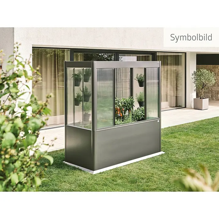Biohort Florentina Hochbeet-Abdeckung Florentina - L x B x H: 104 x 201,6 x 136,4 mm, Quarzgrau Metallic - Abbildung eines modernen, rechteckigen Gewächshauses im Garten mit Pflanzen, das ein stilvolles Gärtnern ermöglicht.