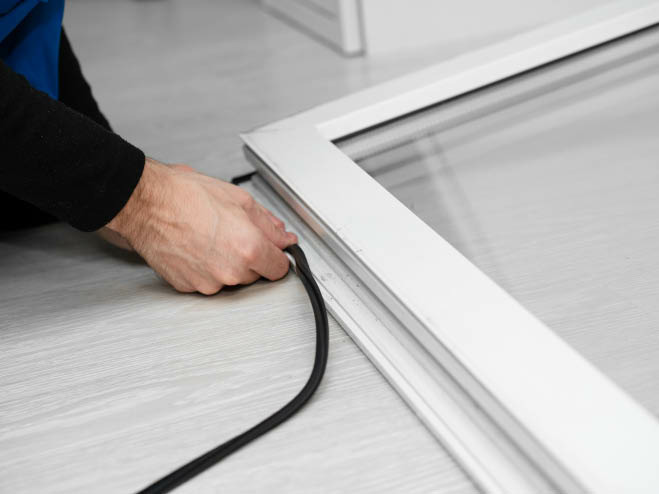 Mann tauscht Dichtung beim Fenster aus