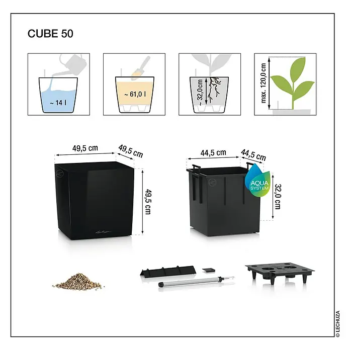 Lechuza Cube Pflanzkübel eckig Premium - Außenmaß (L x B x H): 49 x 49 x 49,5 cm, Kunststoff, Weiß - Produktabbildung des LECHUZA CUBE 50 Pflanzgefäßes mit Zubehör und Größenangaben.
