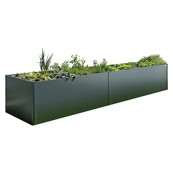 Biohort Hochbeet 4x1 - 397 x 102 x 77 cm, Metall, Dunkelgrau-Metallic - Hochbeet aus Metall mit verschiedenen Kräutern und Pflanzen, ideal für den Garten oder Balkon. Das Beet ist robust und langlebig.