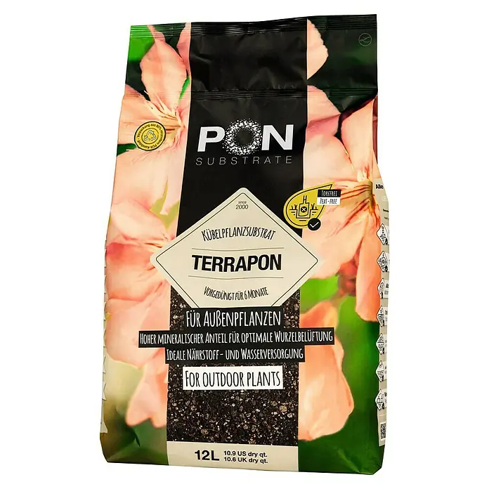 Lechuza Pflanzensubstrat Terrapon - 12 l - Eine Nahaufnahme von einem Sack Pon Terrapon Kübelpflanzsubstrat für Außenpflanzen.