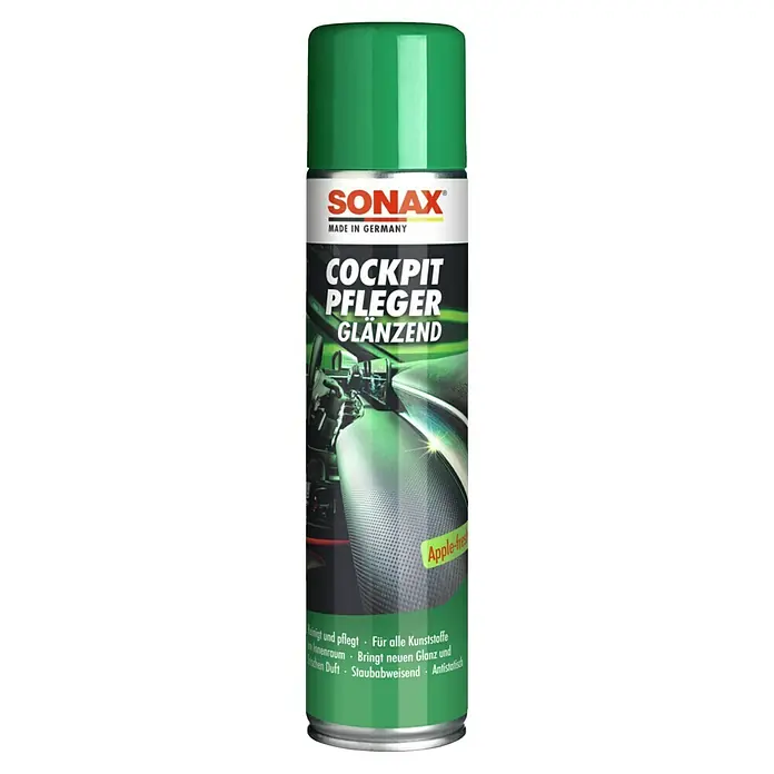 Sonax Cockpit-Spray - Apple, 400 ml - Abbildung einer Dose SONAX Cockpit-Reiniger Glänzend, ein Autopflegeprodukt zur Reinigung und Pflege des Fahrzeugcockpits.