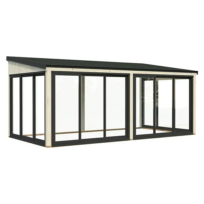 Palmako Pérgola adosada Lumi Slide Plus - L x An: 297 x 582 cm, Natural, Doble acristalamiento de 24 mm, Puerta corredera - Imagen de una moderna caseta de jardín con grandes fachadas de vidrio y un techo plano oscuro.