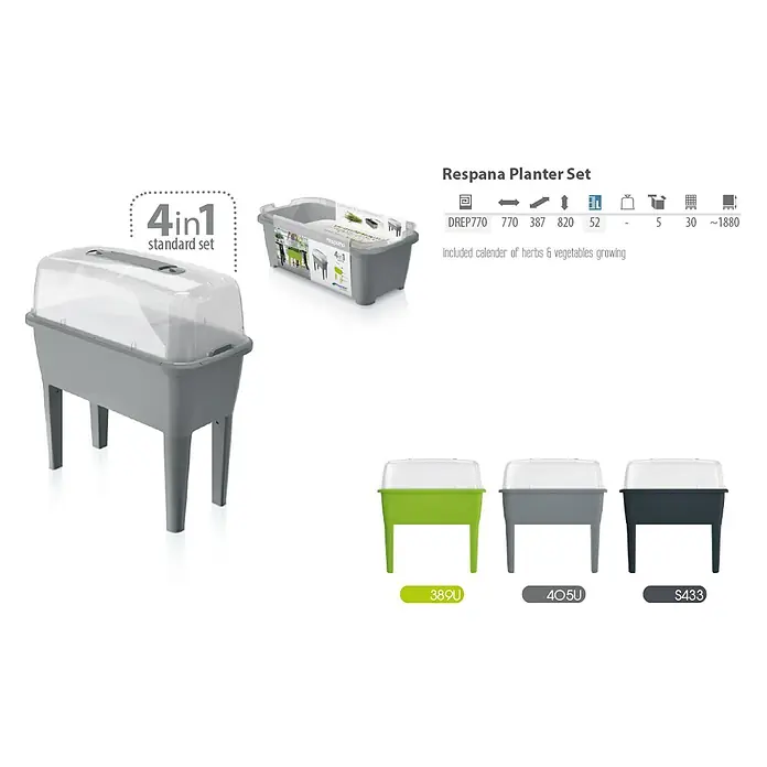 Hochbeet Respana Planter Set - Steingrau, 77 x 58 x 96,3 cm, Kunststoff - Produktbild des Respana Pflanzkastensets, einem 4-in-1 Standardset, erhältlich in verschiedenen Farben und mit Zubehör.