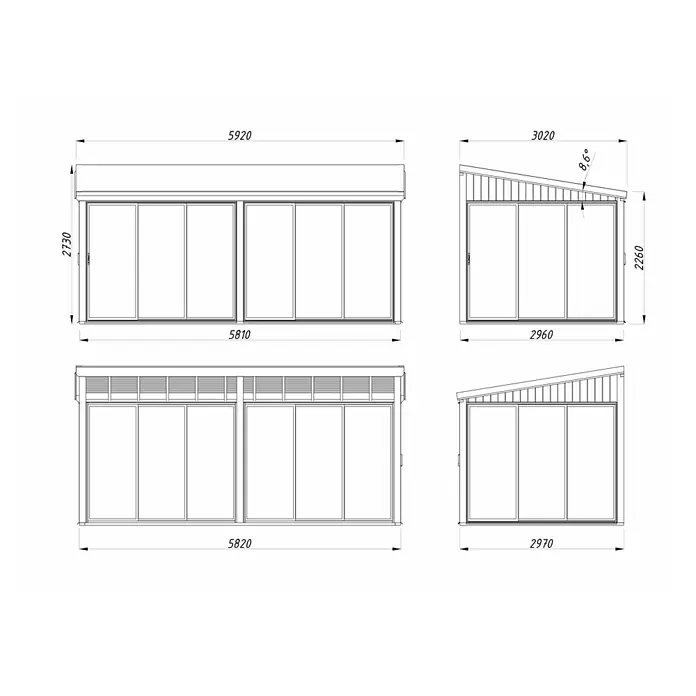 Palmako Pérgola adosada Lumi Slide Plus - L x An: 297 x 582 cm, Natural, Doble acristalamiento de 24 mm, Puerta corredera - Imagen de una cubierta de patio con puertas correderas y dimensiones.