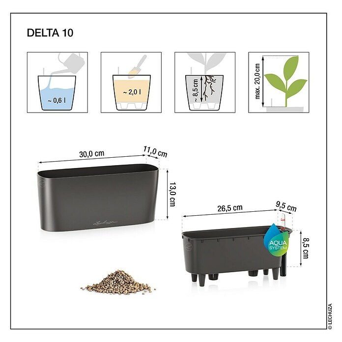Lechuza Pflanzkasten Delta (Außenmaß (L x B x H): 30 x 11 x 13 cm, Kunststoff, Anthrazit metallic) | BAUHAUS