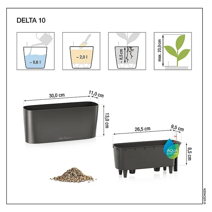 Lechuza Pflanzkasten Delta - Außenmaß (L x B x H): 30 x 11 x 13 cm, Kunststoff, Weiß - Bild einer Lechuza DELTA 10 Pflanzschale mit Bemaßungen und Füllmengen, die die Produktmerkmale hervorheben.