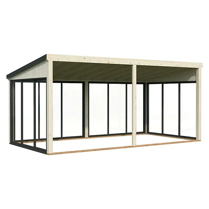 Palmako Pérgola adosada Lumi Slide Plus - L x An: 297 x 582 cm, Natural, Doble acristalamiento de 24 mm, Puerta corredera - Imagen de un moderno pabellón de madera con elegantes marcos negros y un diseño de techo simple, ideal para espacios exteriores.