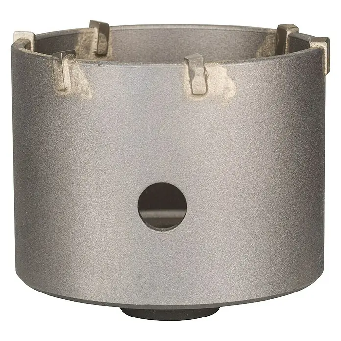 Craftomat Bohrkrone - Durchmesser Bohrer: 82 mm, Arbeitslänge: 50 mm - Graue Lochsäge mit Aussparungen und einer Öffnung. Das Werkzeug ist für präzise Schnitte konzipiert und wirkt robust.