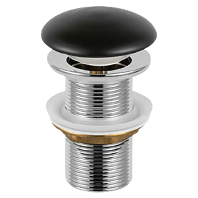 Sanicomfort Ablaufventil - 1 ¼″, Schwarz matt, Metall - Ablaufgarnitur mit einem schwarzen Verschluss und einem glänzenden Chrom-Finish, ideal für moderne Badezimmer.