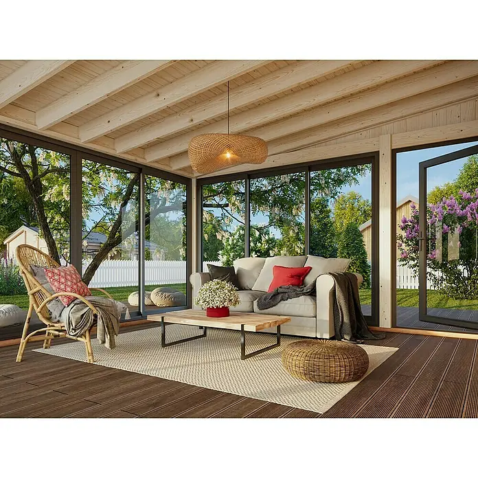 Palmako Pérgola adosada Lumi Slide Plus - L x An: 420 x 420 cm, Natural, Doble acristalamiento de 24 mm, Puerta corredera - Luminosa veranda con muebles de ratán y techo con vigas de madera. Espacio acogedor con sofá y vistas al jardín por ventanales.