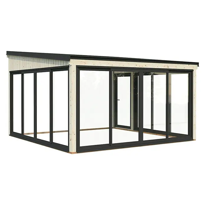 Palmako Pérgola adosada Lumi Slide Plus - L x An: 420 x 420 cm, Natural, Doble acristalamiento de 24 mm, Puerta corredera - Pérgola moderna con estructura de madera y amplios paneles de vidrio, ideal para relajarse al aire libre y protegerse del viento y del clima.