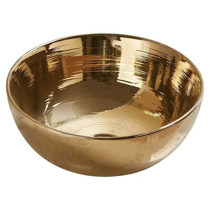Sanicomfort Aufsatzwaschbecken Osiris - 35,8 x 35,8 cm, Hahnloch: Ohne, Ohne Überlauf, Gold Glänzend - Nahaufnahme einer goldenen Schale mit reflektierender Oberfläche, die das Licht einfängt und ein warmes, luxuriöses Ambiente erzeugt.
