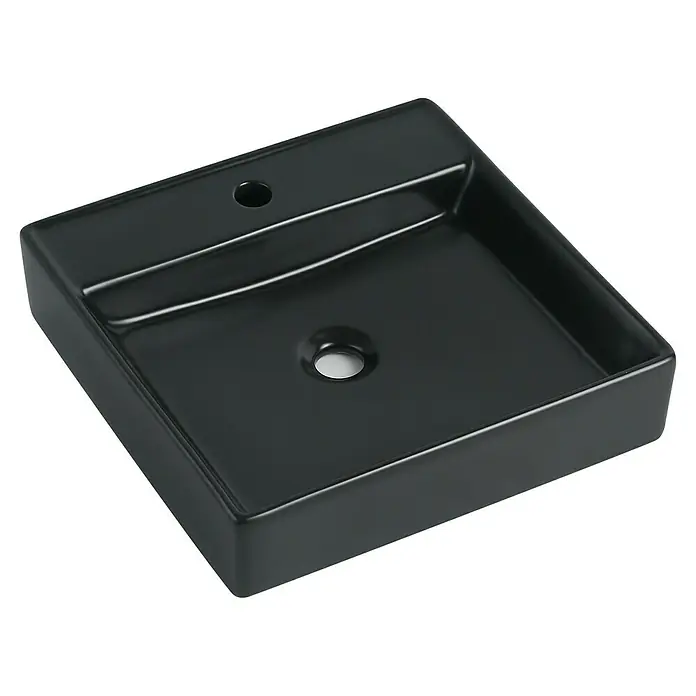 Sanicomfort Aufsatzwaschbecken Heru - 44 x 44 cm, Hahnloch: Mitte, Ohne Überlauf, Schwarz - Elegantes, rechteckiges, schwarzes Aufsatzwaschbecken aus Keramik für das moderne Badezimmer. Das Waschbecken besticht durch sein minimalistisches Design.