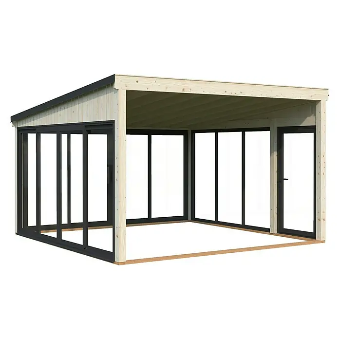Palmako Pérgola adosada Lumi Slide Plus - L x An: 420 x 420 cm, Natural, Doble acristalamiento de 24 mm, Puerta corredera - Imagen de una pérgola de madera moderna con marcos negros y paneles transparentes, ideal para espacios exteriores.