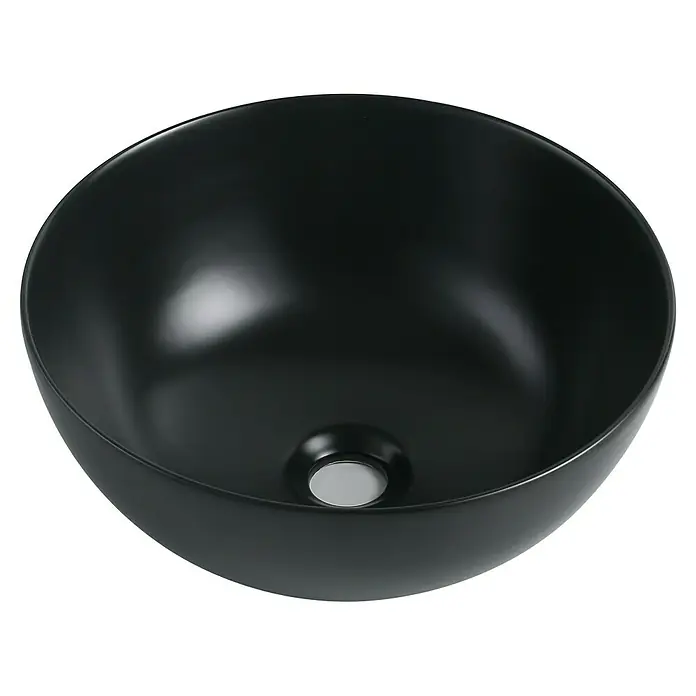 Sanicomfort Aufsatzwaschbecken Aves - 35,8 x 35,8 cm, Hahnloch: Ohne, Ohne Überlauf, Schwarz - Elegantes schwarzes Waschbecken in Schalenform. Modernes Design mit glatter Oberfläche und zentralem Abfluss für stilvolle Badezimmer.