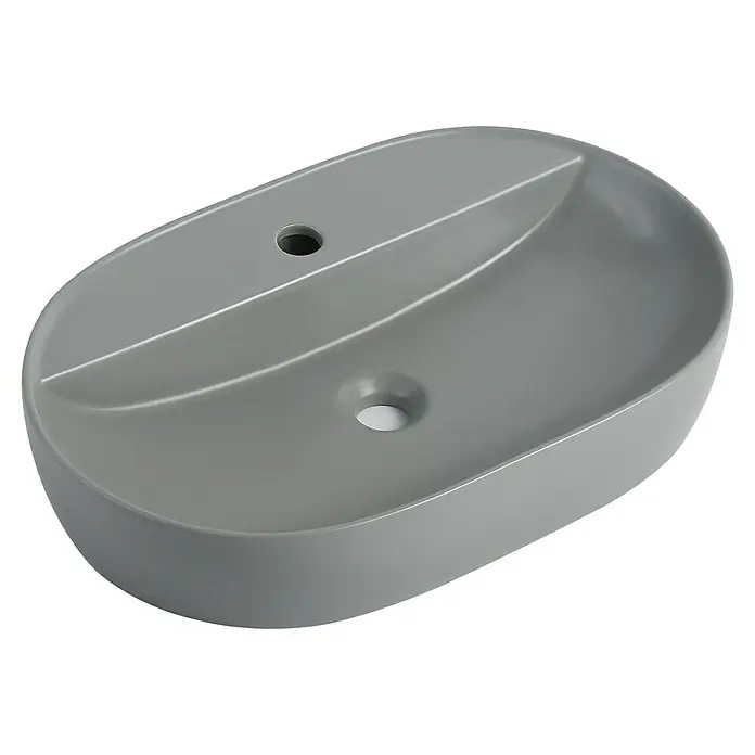 Sanicomfort Aufsatzwaschbecken Tari - 60 x 40 cm, Hahnloch: Mitte, Ohne Überlauf, Hellgrau - Moderne ovale Waschtischplatte in Grau mit zwei Becken und zwei Löchern für Armatur und Abfluss.