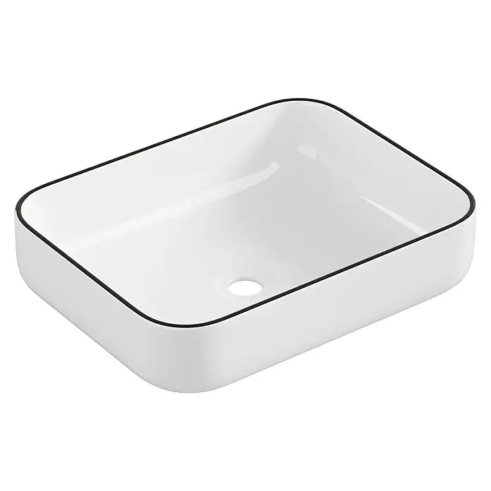 Sanicomfort Aufsatzwaschbecken Herm - 52 x 52 cm, Hahnloch: Ohne, Ohne Überlauf - Aufsicht auf ein rechteckiges Waschbecken mit abgerundeten Ecken und einem dünnen schwarzen Rand. Das Waschbecken ist weiß und leer.