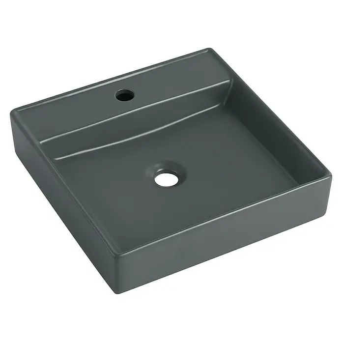 Sanicomfort Aufsatzwaschbecken Heru - 44 x 44 cm, Hahnloch: Mitte, Ohne Überlauf, Dunkelgrau - Graues, rechteckiges Aufsatzwaschbecken mit minimalistischem Design und glatter Oberfläche für moderne Badezimmer.\n