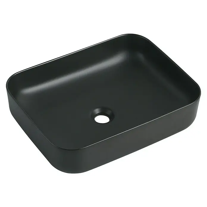 Sanicomfort Aufsatzwaschbecken Glaros - 50 x 39 cm, Hahnloch: Ohne, Ohne Überlauf, Schwarz - Schwarzes, rechteckiges Aufsatzwaschbecken mit abgerundeten Ecken für moderne Badezimmer mit stilvollem Design und mittigem Ablauf.