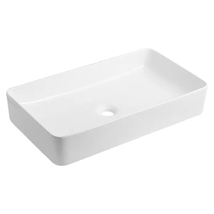 Sanicomfort Aufsatzwaschbecken Goja - 59 x 30 cm, Hahnloch: Ohne, Ohne Überlauf, Weiß - Ein elegantes, rechteckiges Aufsatzwaschbecken in strahlendem Weiß mit einer sanften Vertiefung für den Abfluss, ideal für moderne Badezimmer.