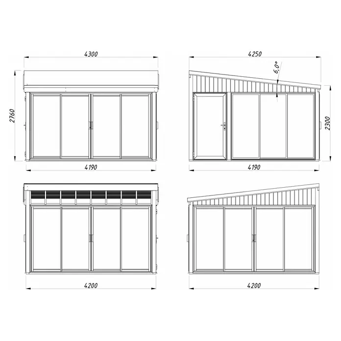 Palmako Pérgola adosada Lumi Slide Plus - L x An: 420 x 420 cm, Natural, Doble acristalamiento de 24 mm, Puerta corredera - Imagen de una caseta de jardín con techo plano y puertas correderas, y otro modelo con tejado a un agua y puerta.
