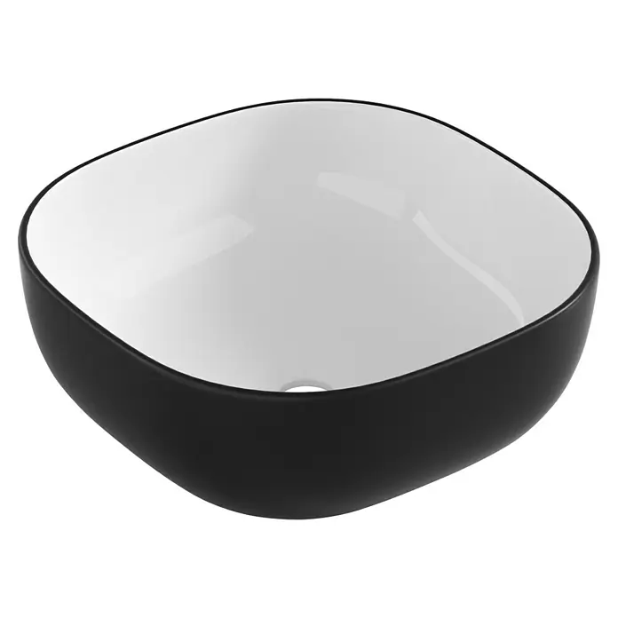 Sanicomfort Aufsatzwaschbecken Herm - 43 x 43 cm, Hahnloch: Ohne, Ohne Überlauf, Schwarz/Weiß - Elegante schwarze Schale mit glänzend weißer Innenseite. Minimalistisches Design für moderne Einrichtungen.