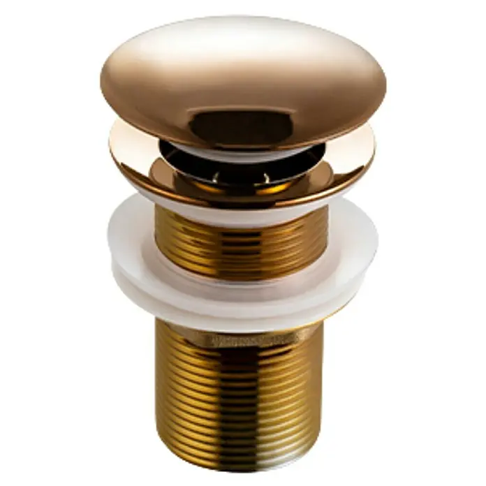 Sanicomfort Ablaufventil - 1 ¼″, Rosegold, Metall - Nahaufnahme eines goldenen Waschbeckenstöpsels mit Gewinde und weißen Dichtungen für die Installation in einem Waschbecken.