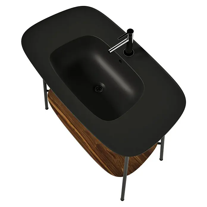 VitrA Plural Badmöbel-Set - Gesamtbreite Badmöbel: 99,5 cm, Schwarz/Eiche Dunkel, Matt, 3 -tlg. - Ein elegantes Waschbecken mit Unterschrank in Schwarz und Holzoptik. Die Armatur aus Chrom rundet das Gesamtbild ab.