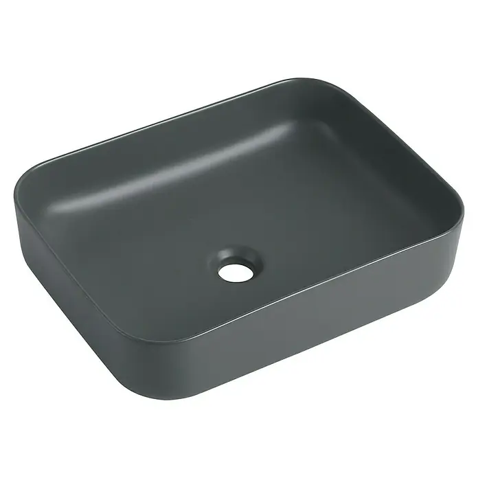 Sanicomfort Aufsatzwaschbecken Glaros - 50 x 39 cm, Hahnloch: Ohne, Ohne Überlauf, Dunkelgrau - Elegantes, rechteckiges Aufsatzwaschbecken in stilvollem Grau, ideal für moderne Badezimmerdesigns. Das Becken besticht durch seine klaren Linien und hochwertige Verarbeitung.