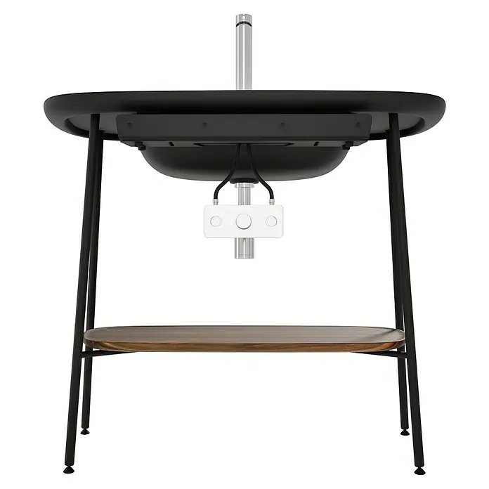 VitrA Plural Badmöbel-Set - Gesamtbreite Badmöbel: 99,5 cm, Schwarz/Eiche Dunkel, Matt, 3 -tlg. - Abbildung eines eleganten schwarzen Tisches mit einer hölzernen Ablagefläche, ideal für moderne Wohnräume.
