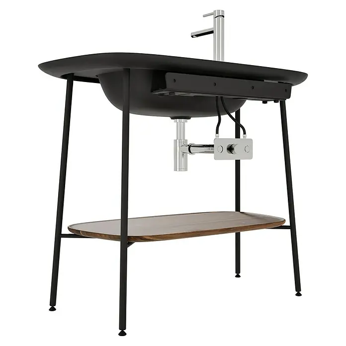 VitrA Plural Badmöbel-Set - Gesamtbreite Badmöbel: 99,5 cm, Schwarz/Eiche Dunkel, Matt, 3 -tlg. - Elegantes schwarzes Waschbecken mit Holzablage und schlankem Wasserhahn. Stilvolles Design für moderne Badezimmer.